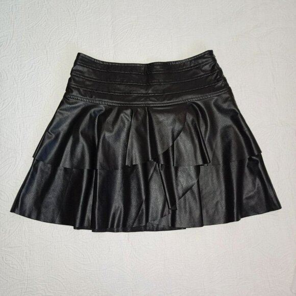 Black Layered Ruffle Mini Skirt M Polyester Womens Fashion Synthetic Leather - Picture 1 of 8